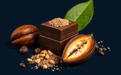 Diferencias entre cacao y chocolate: granos de cacao, cacao en polvo y distintos tipos de chocolate como negro, con leche y blanco